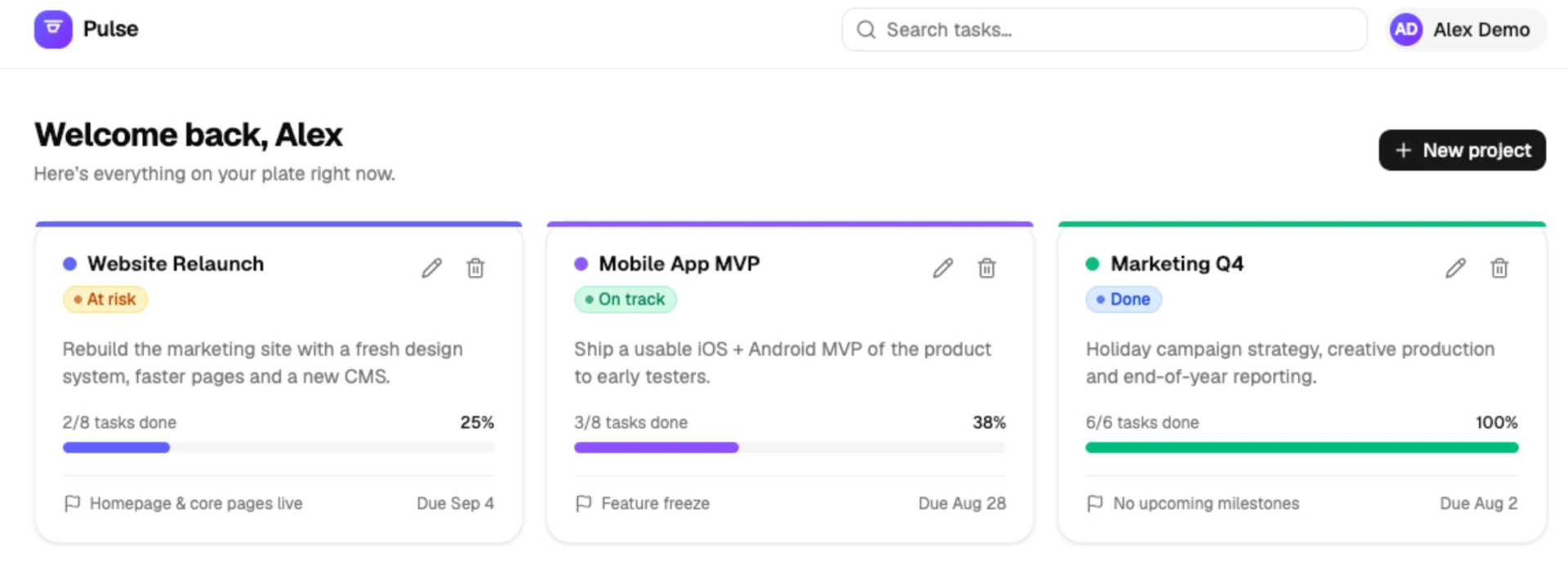 Pulse — the project management demo app built by DeepSeek