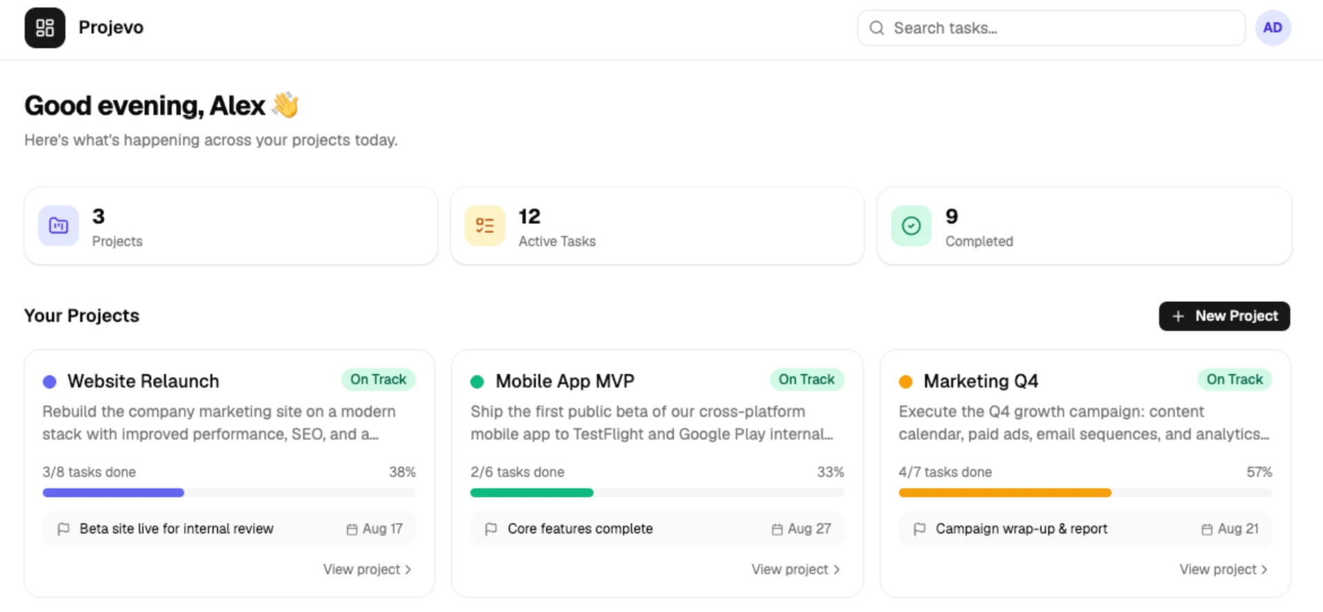 Projevo — the project management demo app built by Xiaomi MiMo