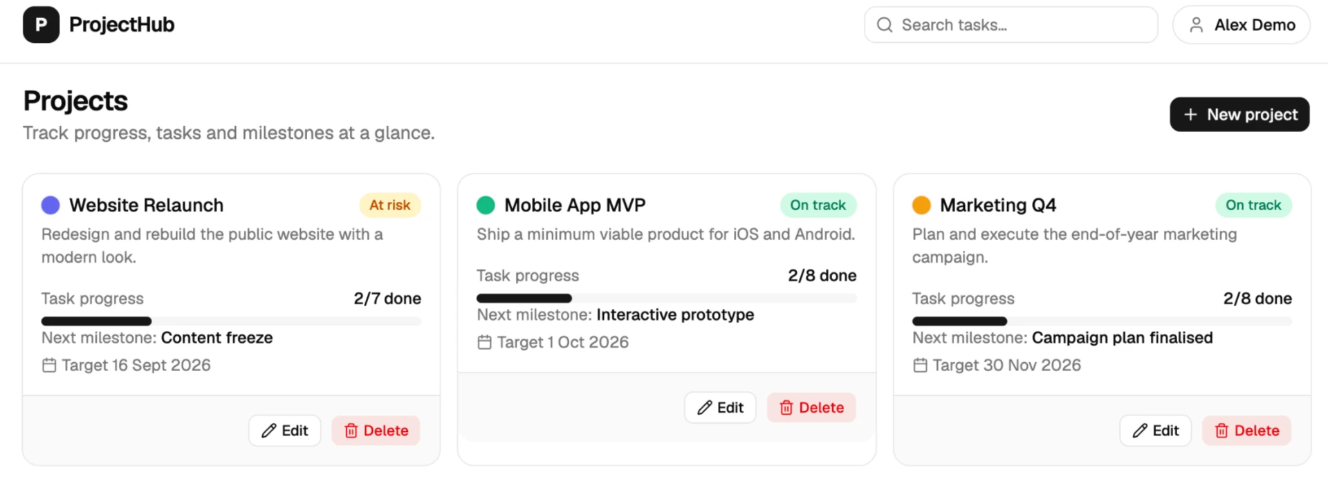 ProjectHub — the project management demo app built by Kimi
